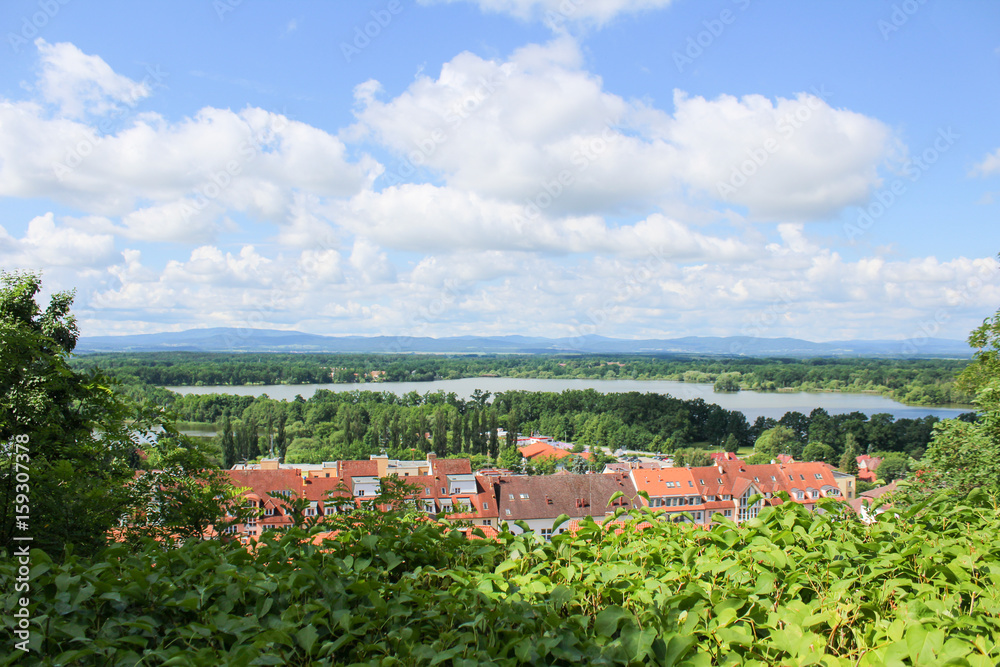 View from vantage pont to village Hluboka nad Vltavou. Czech landscape