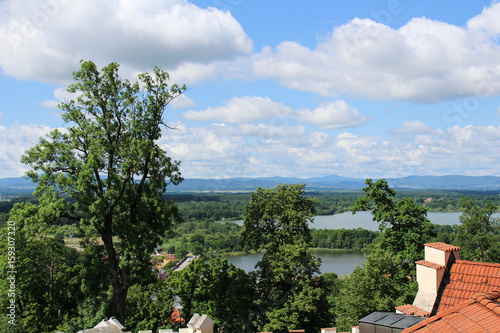 View on pond near city Hluboka nad Vltavou. Czech landscape