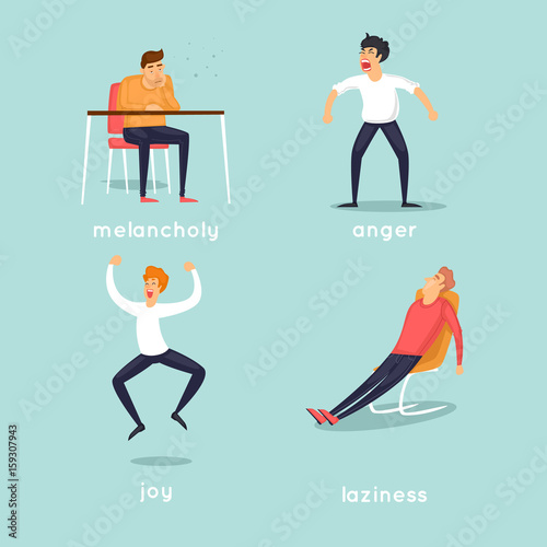Wicked, lazy, joyful, sad. Characters. Flat design vector illustration.