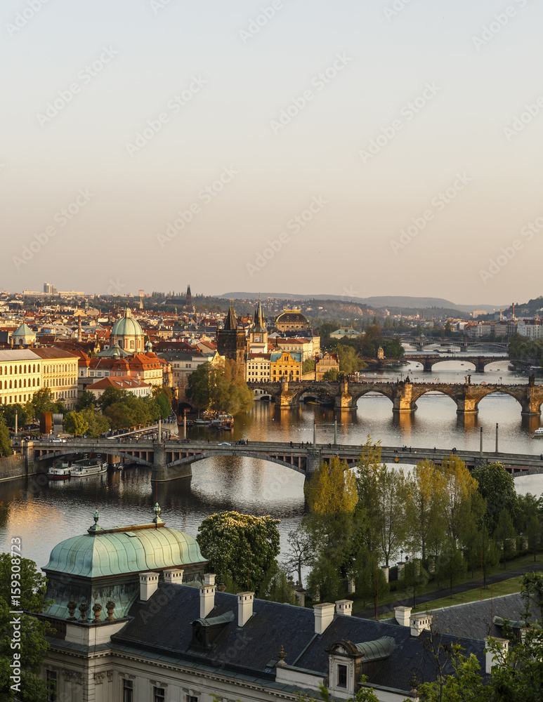 Skyline of Prague with a view of the River Vltava and bridges seen from Letna hill, Czech Republic. Skyline of Prague with a view of the River Vltava and bridges seen from Letna hill, Czech Republic.