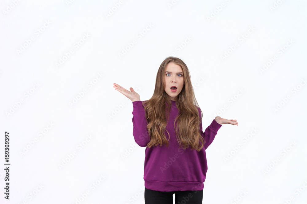 Close up of young woman who is shocked, surprised and astonished. Human facial expressions and emotions. White background. Great for advertisement, announcement. Close up of young woman who is shocked, surprised and astonished. Human facial expressions and emotions. White background. Great for advertisement, announcement.