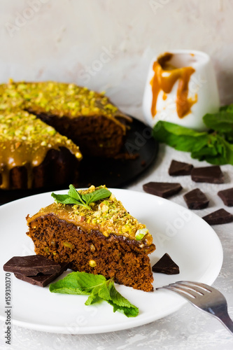 Chocolate cake with pistachios and salted caramel