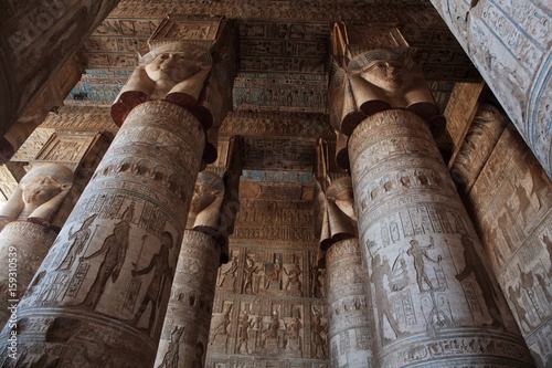 Pillars decorated with face of the Egyptian goddess Hathor in Dendera temple  photo