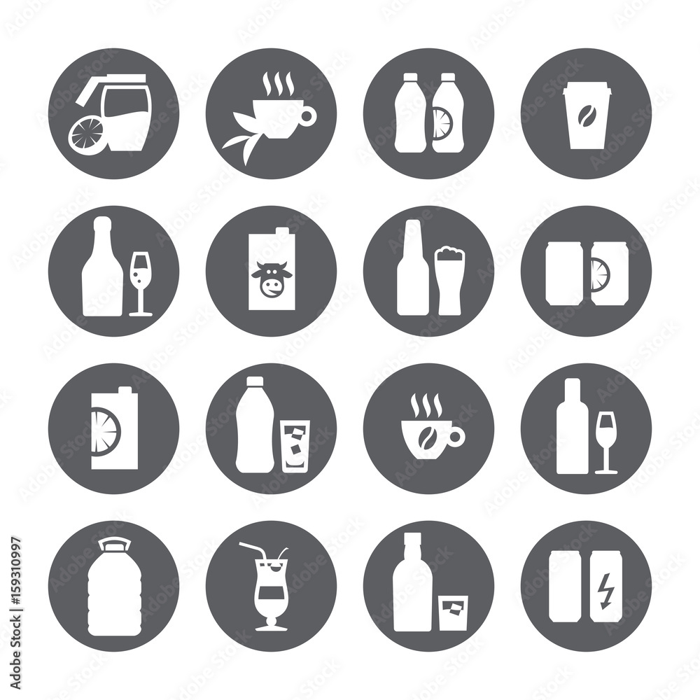 beverages circle icon set. various drinks sign.