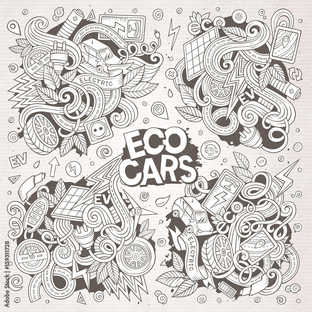 Line art vector doodle cartoon set of Electric cars objects Line art vector doodle cartoon set of Electric cars objects