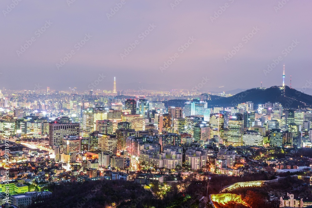 Obraz premium panoramę miasta, noc seulu, korea