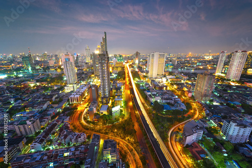Bangkok capital city in night light, downtown apartment and condominium