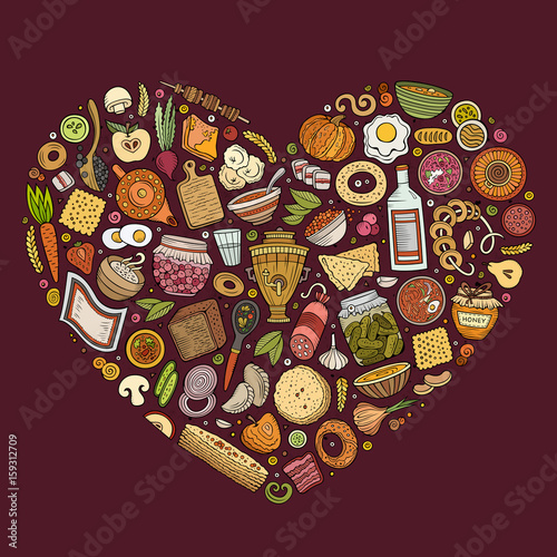 Vector set of Russian food cartoon doodle objects