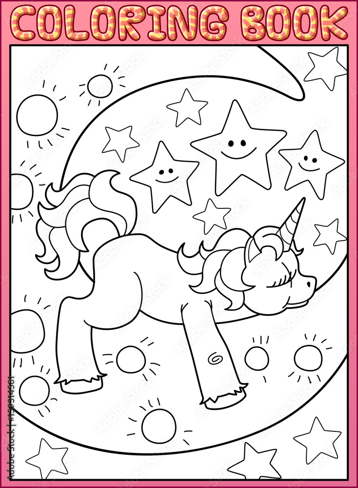 Coloring book page. Cute little unicorn is sleeping on the moon from ...
