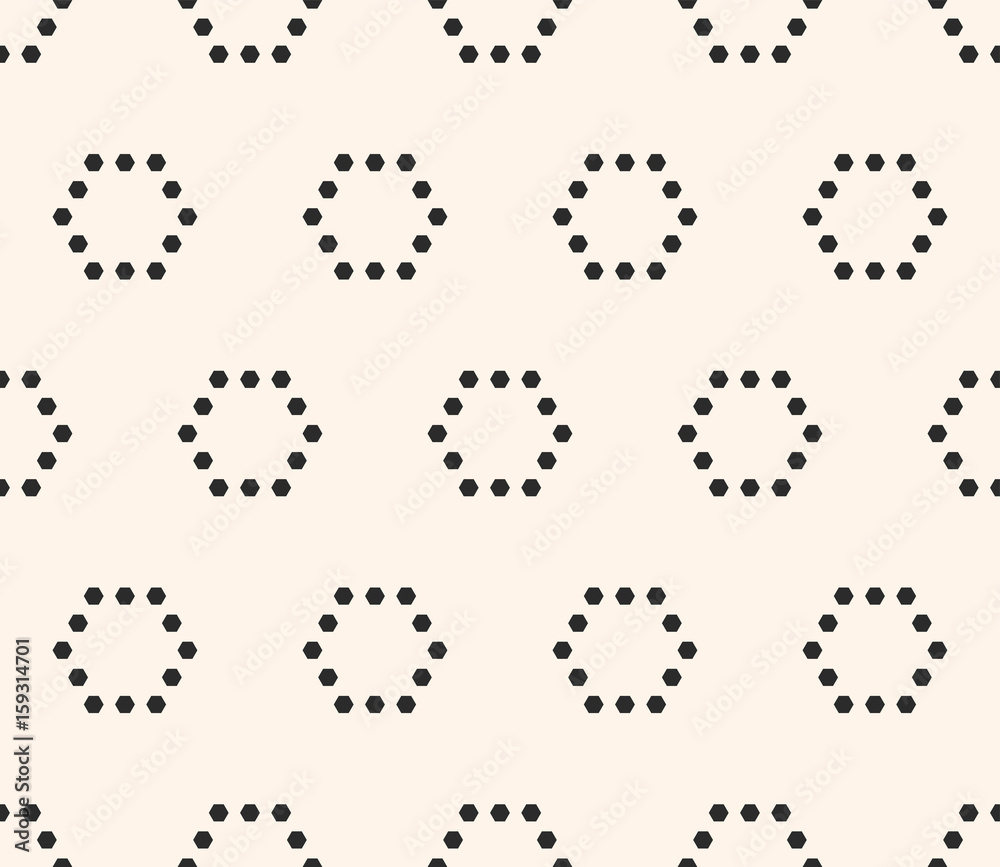 Vector minimalist seamless pattern, simple monochrome geometric texture with small hexagons in hexagonal grid, repeat tiles. Abstract minimalistic background. Design for prints, decor, web, stationery Vector minimalist seamless pattern, simple monochrome geometric texture with small hexagons in hexagonal grid, repeat tiles. Abstract minimalistic background. Design for prints, decor, web, stationery