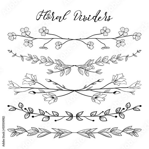 Vector Black Dividers with Branches, Plants and Flowers
