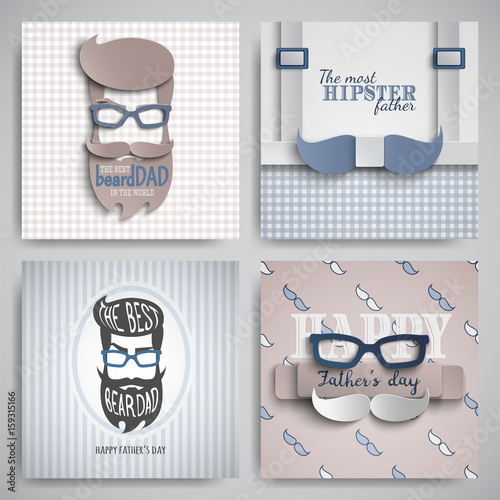Set of Happy Fathers Day cards design for male event, banner, poster. Checkered or striped blue-beige backgrounds with paper cut hipster, tie, beard, mustache, suspenders, glasses. Vector illustration
