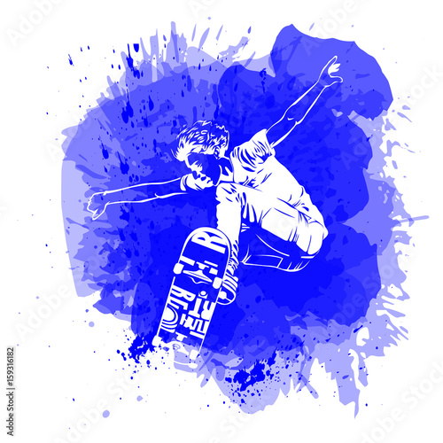 Skateboarder jumping on paint spot with splash in watercolour style background. Skates and skateboards icon. Extreme theme print. Vector