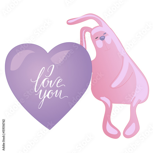  ute rabbit and heart solated on white background. I love you lettering and heart. Vector illustration
