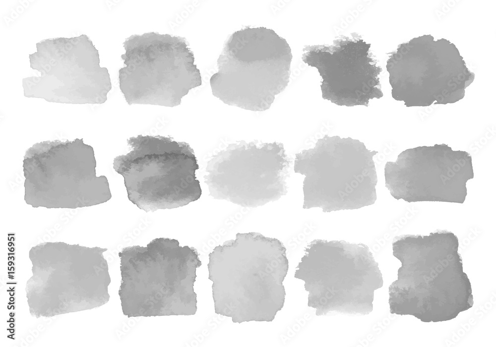 Set of gray watercolor stains on white