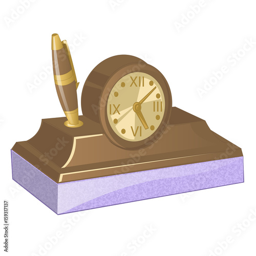 Brown wooden old clock with roman numerals vector illustration. Stand under the pen. Vintage desk clock. photo