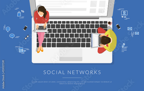 Young people sitting on the laptop and working with laptops in social networks for business project. Flat illustration top view of woman and man using laptop and typing on keyboard for blog or website