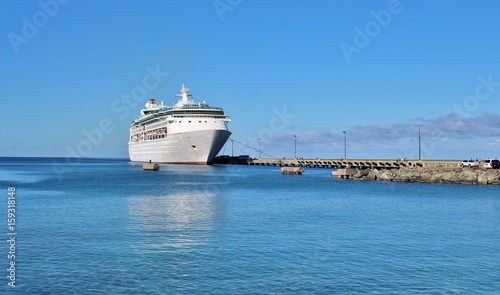Cruise ship docked on a beautiful blue ocean