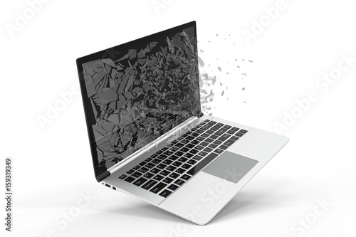 Computer or laptop with broken screen isolated on white background for your design project, 3D Rendering