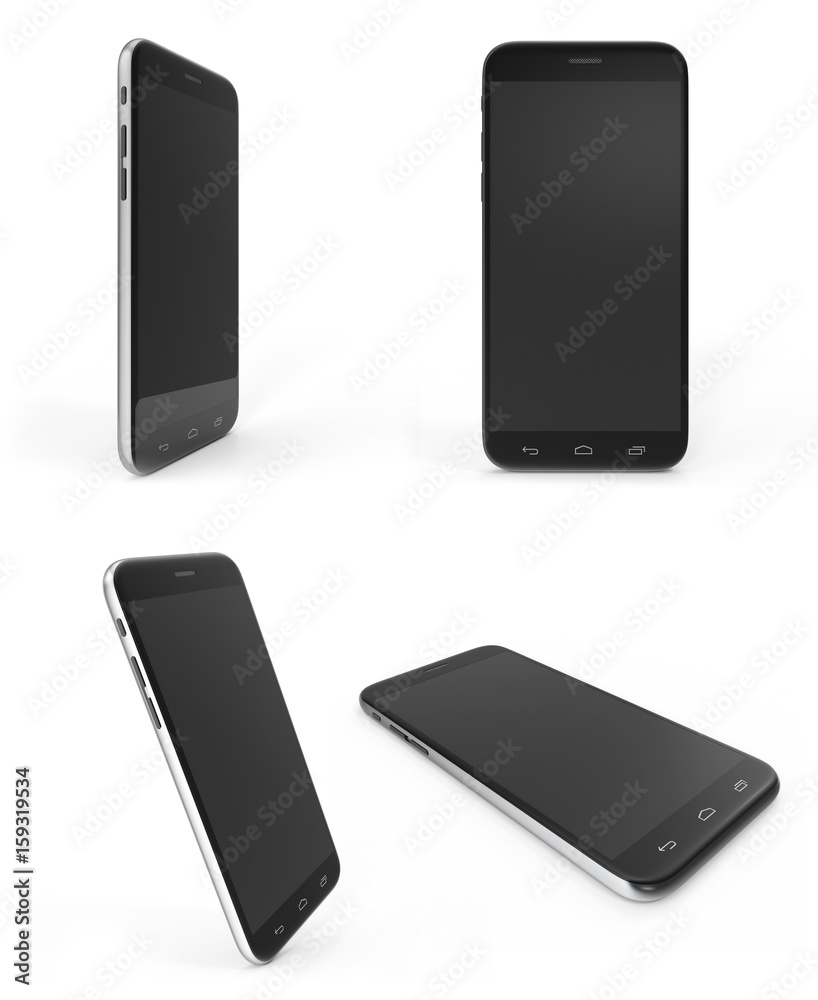 Concept of modern phones with empty screens, realistic black mobile templates on white background, 3D Rendering Concept of modern phones with empty screens, realistic black mobile templates on white background, 3D Rendering