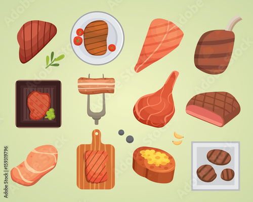Different beef steak raw and grilled meat food barbecue bbq ingredient vector illustration