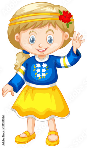 Girl in Ukraine costume waving hand