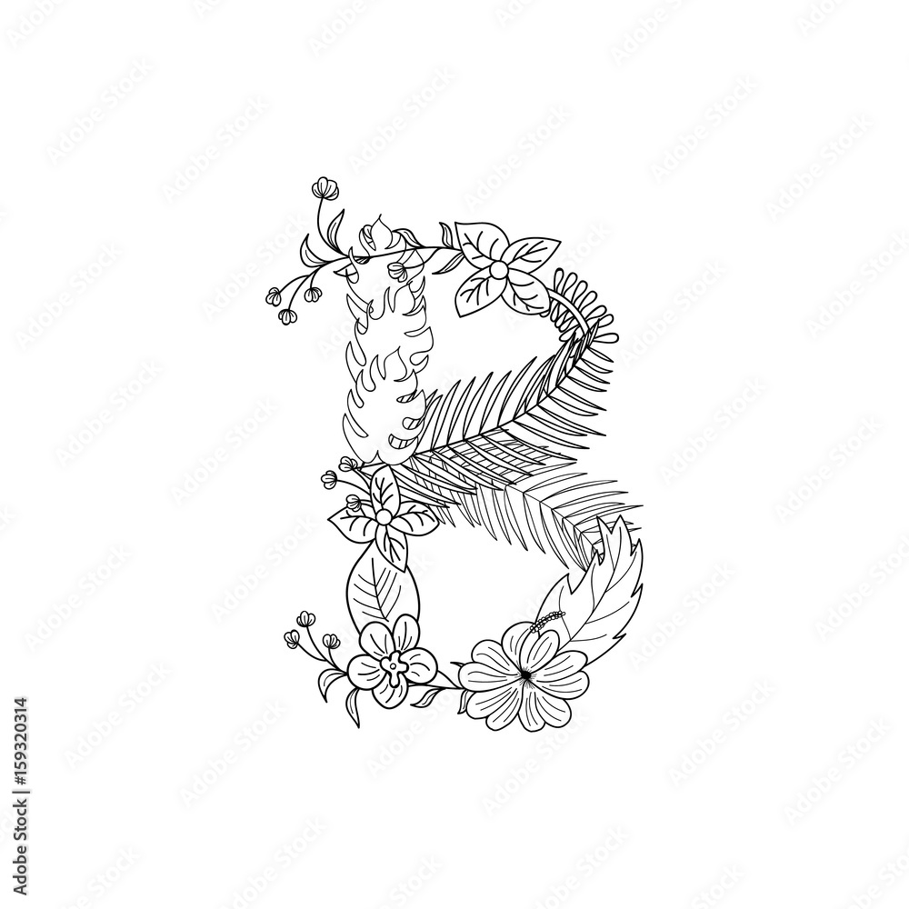 Tropical floral summer pattern hand drawn ornamental font with palm beach leaves, flower. Letter B