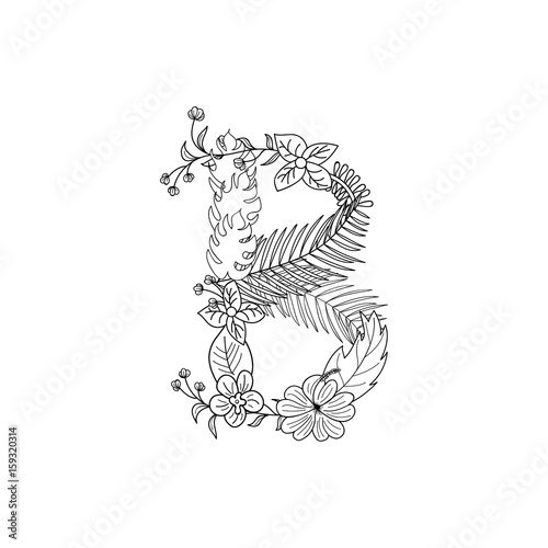Tropical floral summer pattern hand drawn ornamental font with palm beach leaves  flower. Letter B