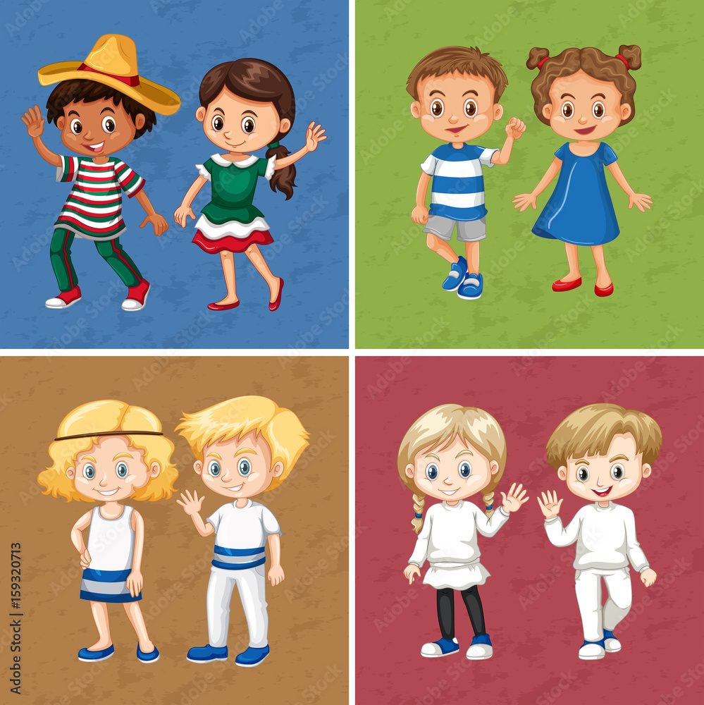 Boys and girls in four different color background Boys and girls in four different color background