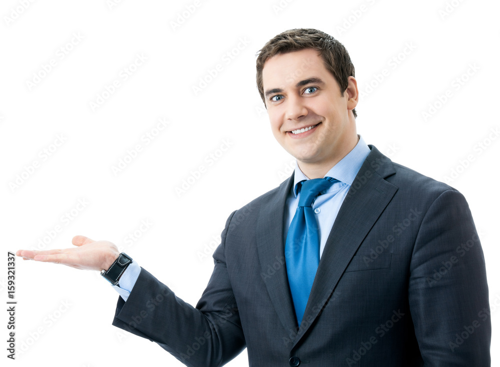 Business man showing, isolated Business man showing, isolated