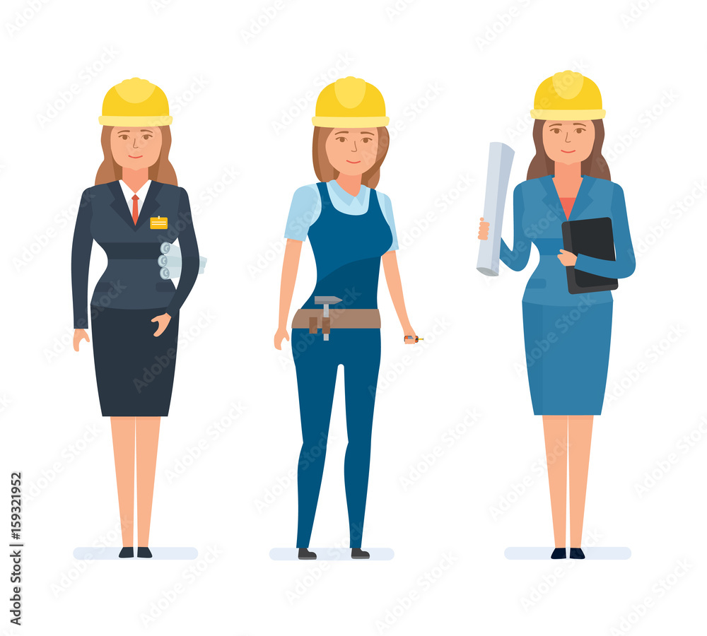 Set of girls engineers and designers, in branded overalls, uniforms. Set of girls engineers and designers, in branded overalls, uniforms.