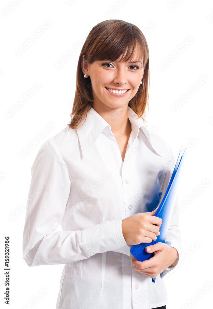 Businesswoman with blue folder, isolated Businesswoman with blue folder, isolated