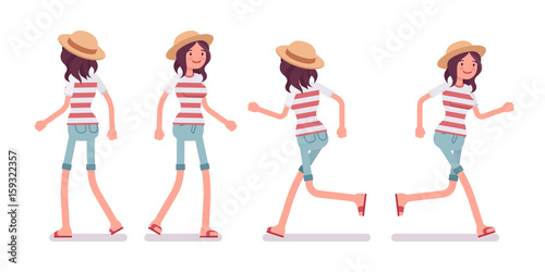Young woman in walking and running pose