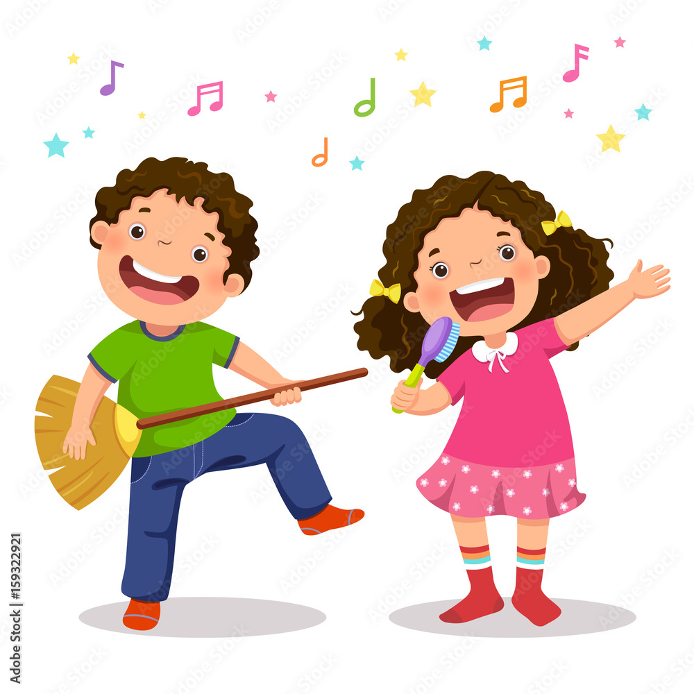 Creative boy playing virtual guitar with broom and girl singing with hairbrush Creative boy playing virtual guitar with broom and girl singing with hairbrush