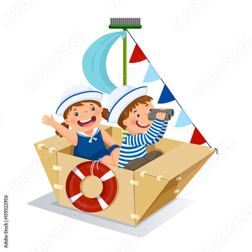 Creative boy and girl playing sailor with cardboard ship