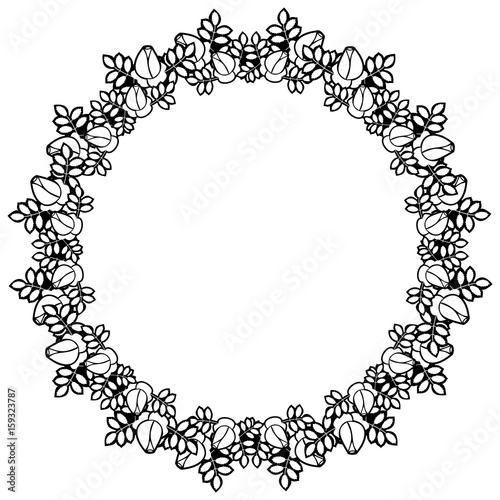 Black and white round frame with stylized roses silhouettes. Vector clip art.