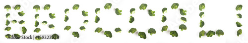 Word broccoli made from broccoli pieces. Food lettering.