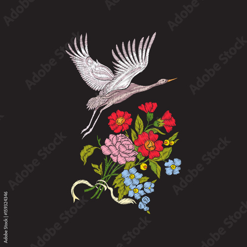 Embroidery flowers and crane on black background. Stock line vector illustration.