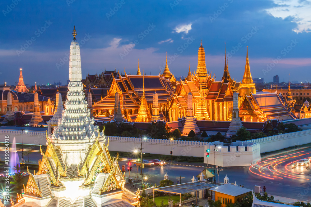 Wat phra kaew and Grand palace at twilight time, Beautiful Landmark of Thailand, Bangkok