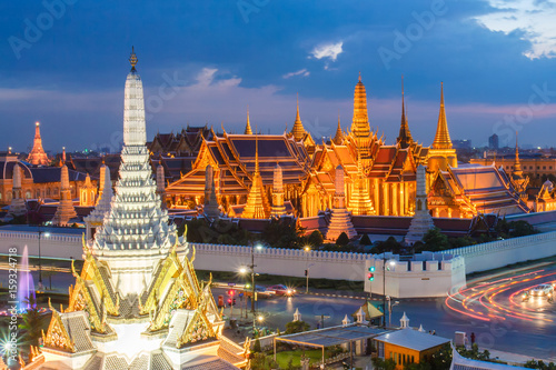 Wat phra kaew and Grand palace at twilight time, Beautiful Landmark of Thailand, Bangkok