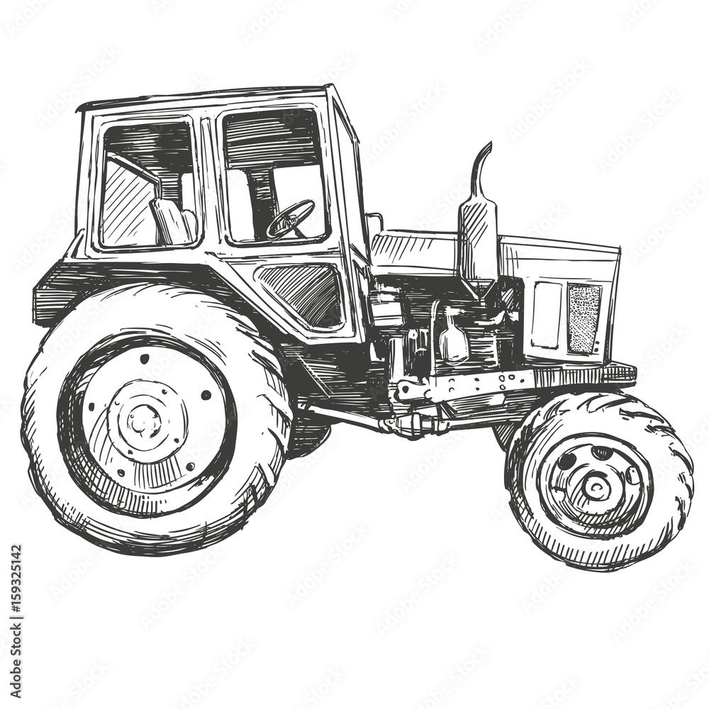 Fototapeta premium Farm tractor hand drawn vector illustration realistic sketch