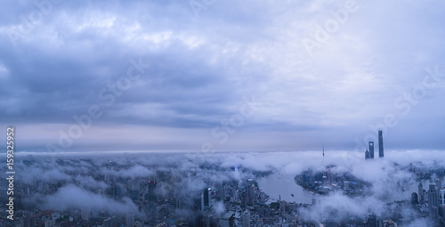 Panorama of sunset with SHANGHAI city view by aerial photography. © photofang