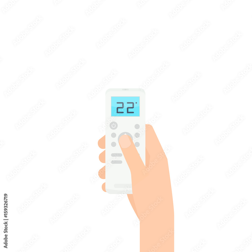 Hand holding air conditioner remote control Hand holding air conditioner remote control