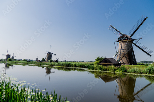 Reflections of Historic Windmills at Kinderdijk, UNESCO World Heritage Site in The Netherlands
