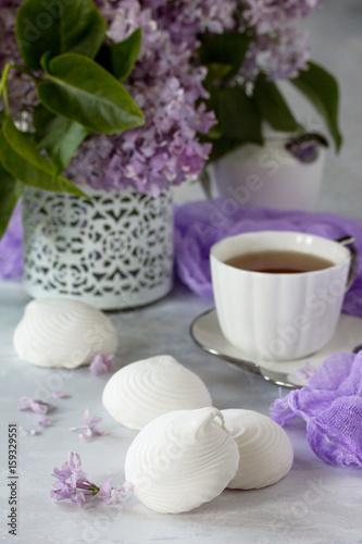 Delicate vanilla marshmallow on a white delicate plate. Still life with marshmallows  a cup of tea and lilac lilac on a background of ancient stone.