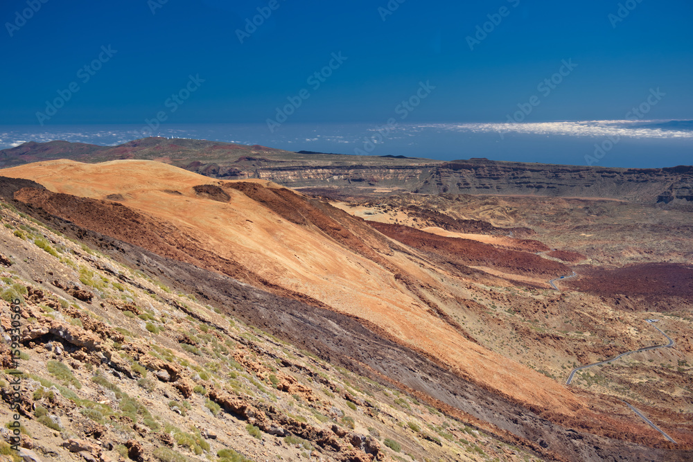 Desert Lonely Road Landscape in Volcan Teide National Park, Tenerife, Canary Island, Spain