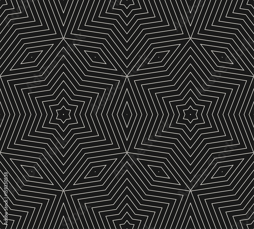 Subtle vector geometric background texture, seamless pattern with thin lines, rhombuses, linear stars, repeat tiles. Dark abstract minimalist backdrop. Monochrome design for prints, decor, covers