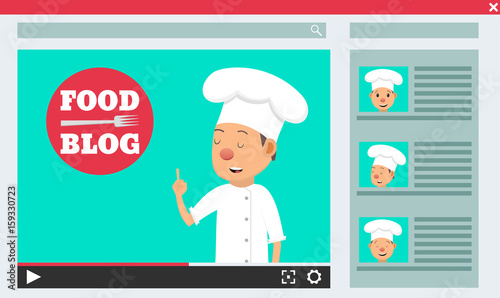Food blog. Video blogger concept. Male blogger channel. Computer screen with video player. Vector illustration in flat style