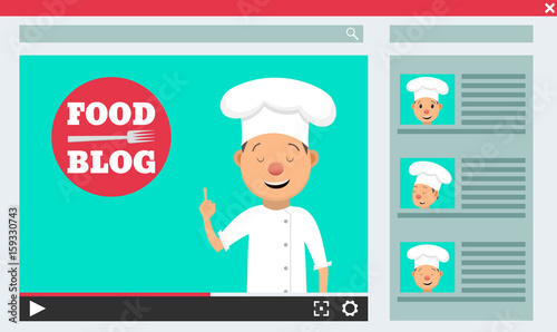 Food blog. Video blogger concept. Male blogger channel. Computer screen with video player. Vector illustration in flat style