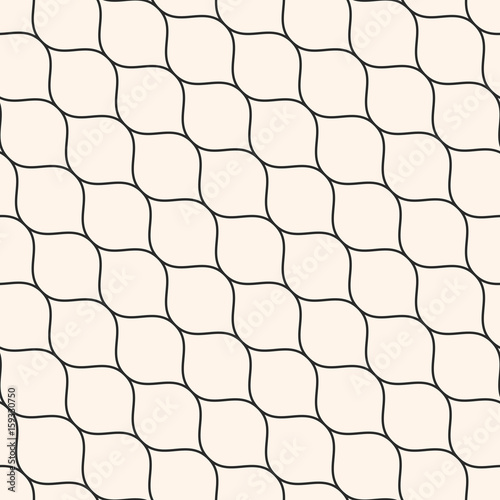 Vector seamless pattern, thin diagonal wavy lines. Texture of mesh, fishnet, lace, weaving, smooth grid. Subtle monochrome geometric background. Design for prints, fabric, cloth, textile, home decor